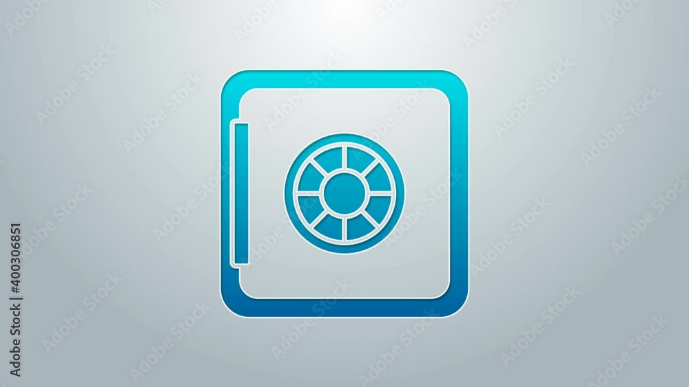 Blue line Safe icon isolated on grey background. The door safe a bank vault with a combination lock. Reliable Data Protection. 4K Video motion graphic animation Blue line Safe icon isolated on grey background. The door safe a bank vault with a combination lock. Reliable Data Protection. 4K Video motion graphic animation