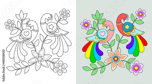 flowers and Birds coloring book or page, vector illustration.