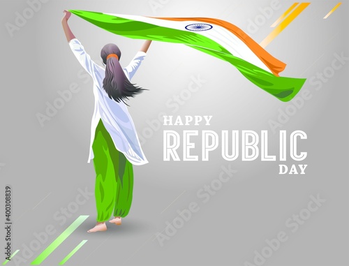 A woman stands on a background in national dress with the flag of India raised up.. Modern vector flat illustration with Happy Independence Day text.