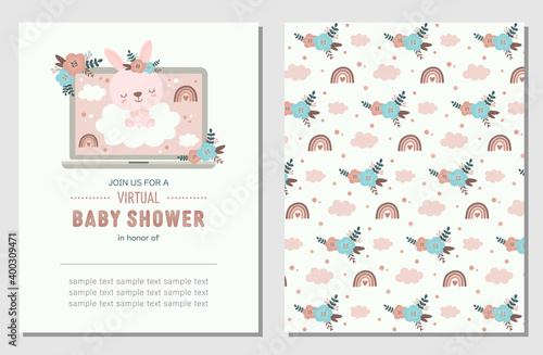Virtual baby shower invitation card and coordinated pattern with cute bunny, rainbows, clouds, and flowers. Baby shower invitation for a girl in trendy pastel colors.