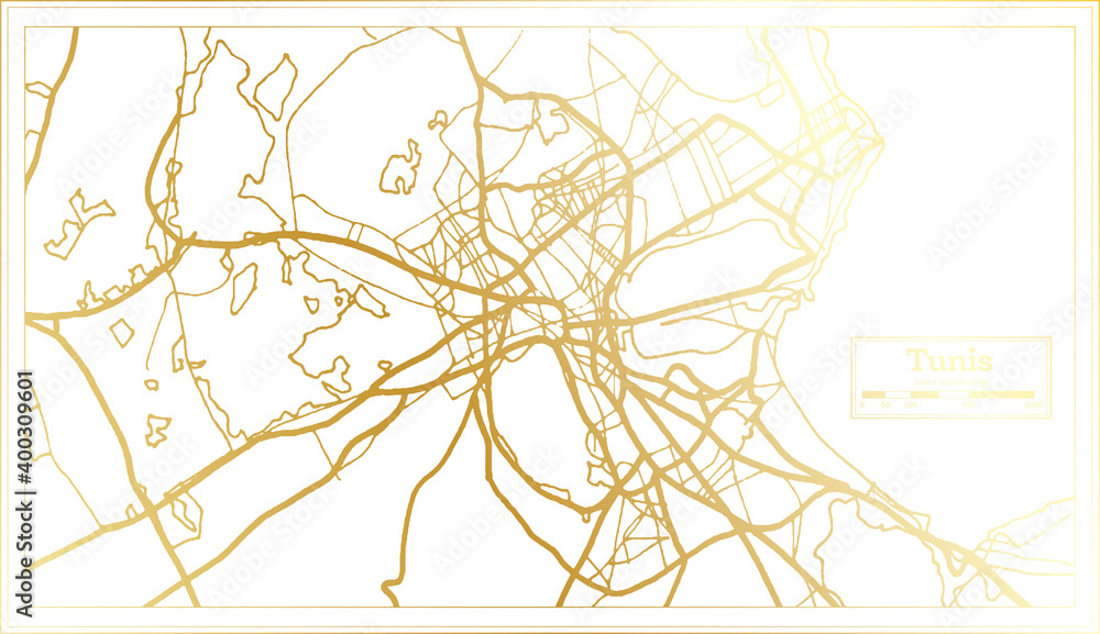 Obraz premium Tunis Tunisia City Map in Retro Style in Golden Color. Outline Map.