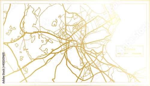 Tunis Tunisia City Map in Retro Style in Golden Color. Outline Map.