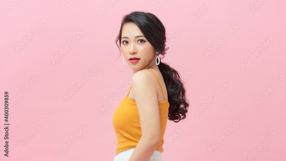 happy woman with big smile has turned back happy woman with big smile has turned back