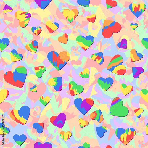color striped hearts on marbled repetitive background. love symbol. lgbt concept. beautiful vector seamless pattern. fabric swatch. wrapping paper. continuous print. design element for banner, flyer