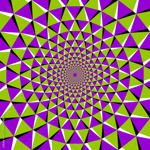 Abstract background from green and violet triangles. Spin illusion.