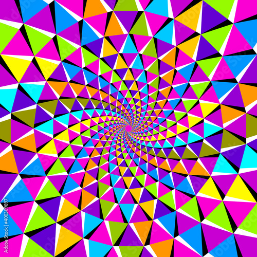 Abstract background from colorful triangles. Spin illusion.