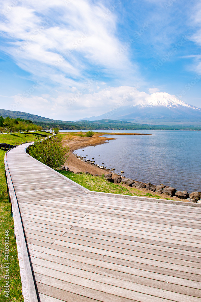 Wooden Walkway along Yamanakako Lake with Fuji Mountain Background,Japan