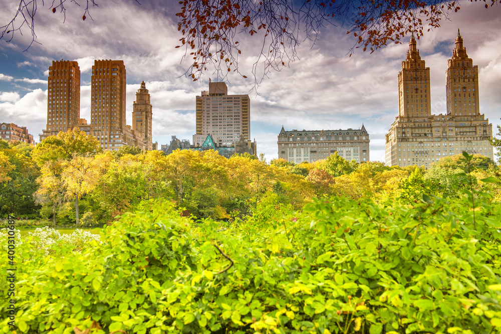 Amazing colors of Central Park and surrounding skyscrapers during foliage season, Manhattan