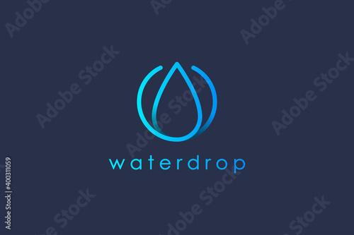 Water Logo. Blue Water Drop Linked with Circle Line Around isolated on Blue Background. Usable for Business, Science, Healthcare, Medical and Nature Logos. Flat Vector Logo Design Template Element.