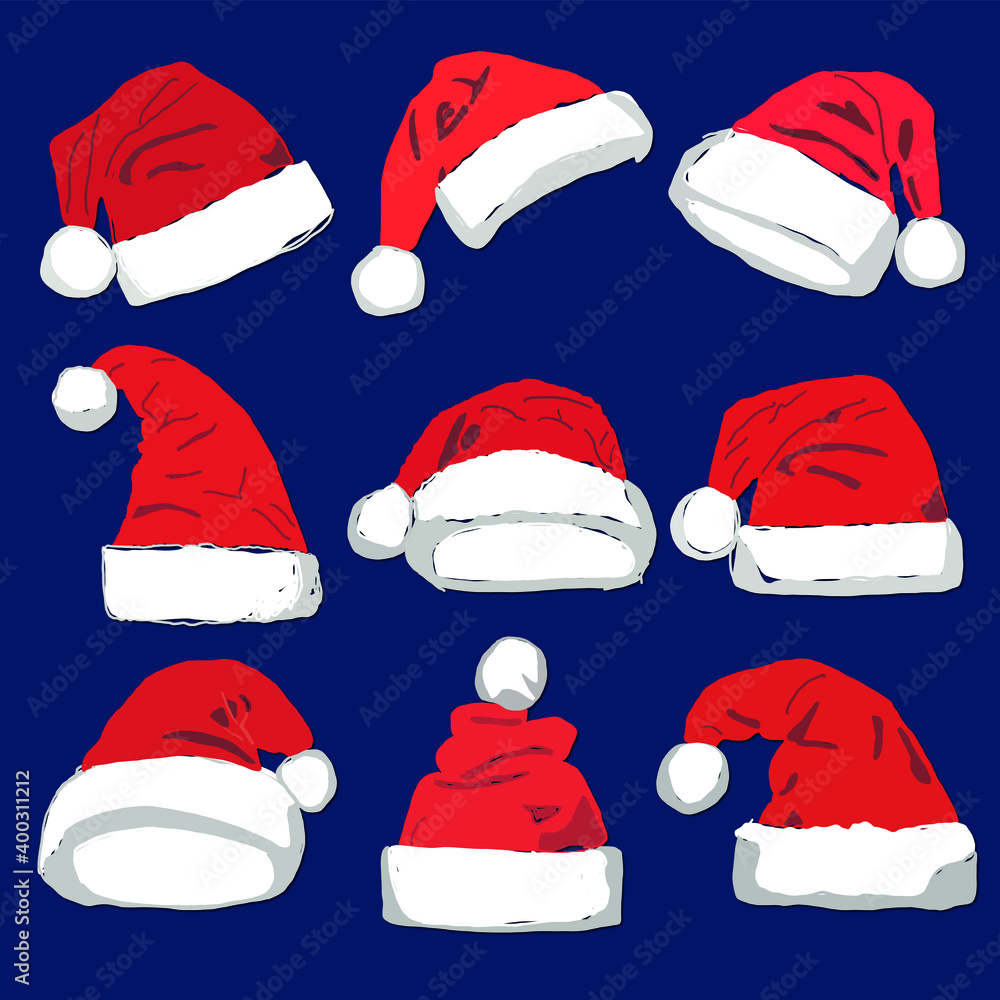 Collection of Red Santa Claus Hats isolated on blue background. Collection of Red Santa Claus Hats isolated on blue background.