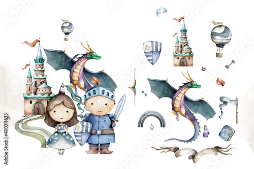 The little knight and cute princess around castle. Kid set Adventure Hand drawn watercolor isolated nursery kid cartoon illustration on white background