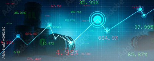 3d illustration of oil barrels with a graphical representation of hiking price.