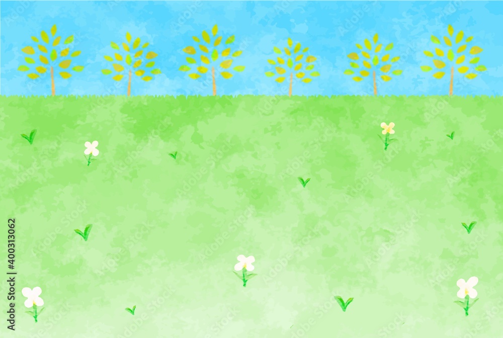 爽やかな青空と木と野原の風景イラスト Stock Illustration Adobe Stock