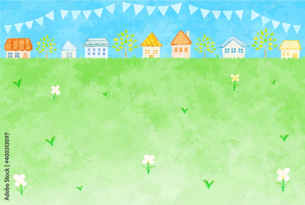 手描きの街並みと野原の風景イラスト Stock Illustration Adobe Stock