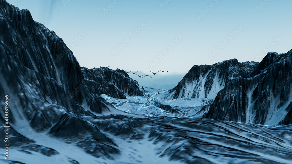 Migratory birds fly over mountain peaks. Illustration mountain landscape with snow and migratory birds. 3d rendering, 3d illustration, 3d art. Migratory birds fly over mountain peaks. Illustration mountain landscape with snow and migratory birds. 3d rendering, 3d illustration, 3d art.