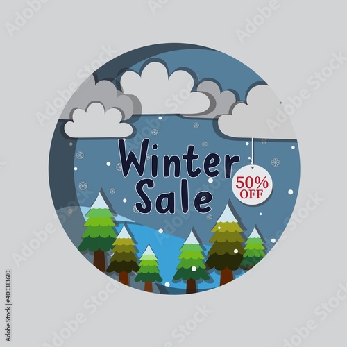 winter sale banner with paper cut vector design and cute elements at the backdrop.