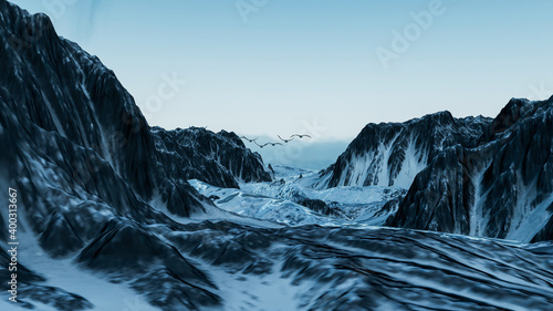 Migratory birds fly over mountain peaks. Illustration mountain landscape with snow and migratory birds. 3d rendering, 3d illustration, 3d art.