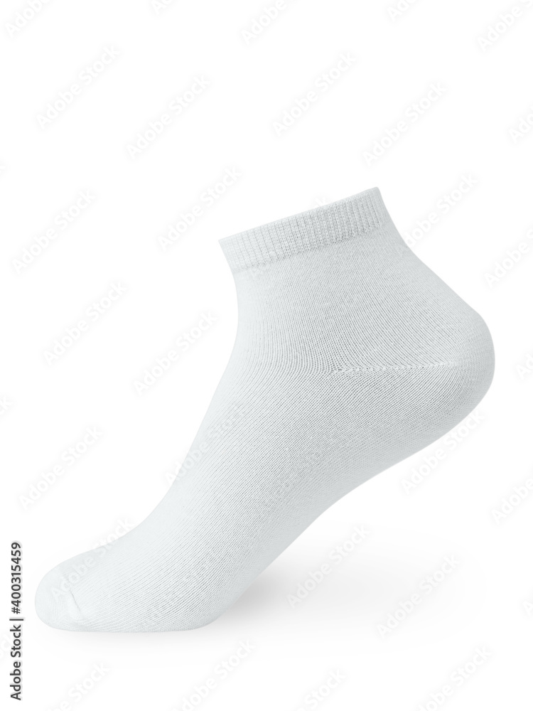 Isolated white short sock on invisible mannequin foot on white background, side view