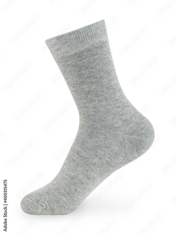 Isolated long gray sock on invisible mannequin foot on white background, side view