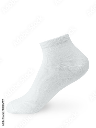 Obraz na płótnie Isolated white short sock on invisible mannequin foot on white background, side view w salonie