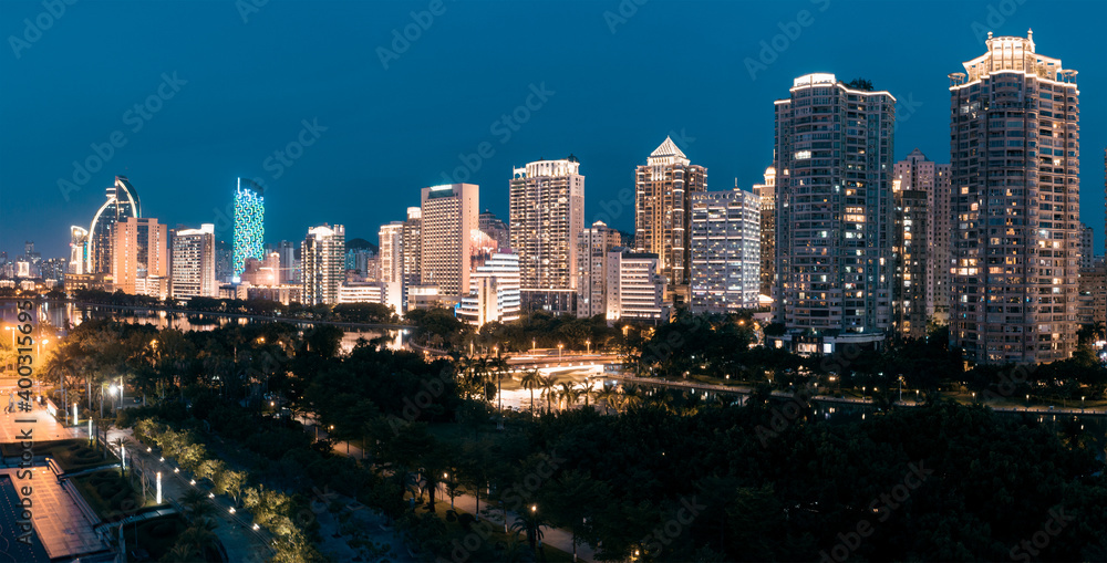 Naklejka premium City night view of Bailuzhou Park, Xiamen, China