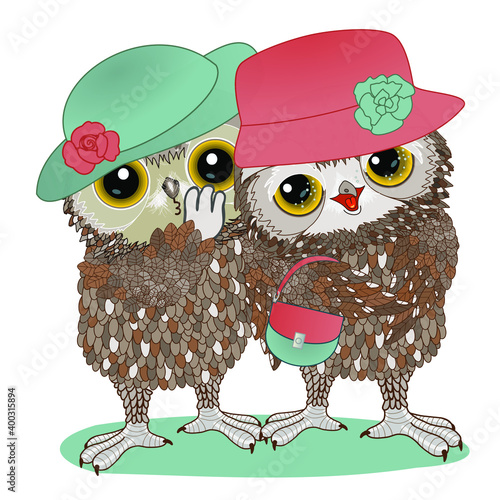 emoticon with a pair of gossip owls in hats, one of whom is whispering something in the ear of the other, color vector clip art on white isolated background