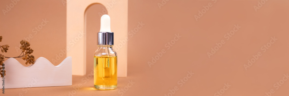 Banner with dropper bottle of natural organic cosmetics - hyaluronic acid, serum, moisturizer or facial nourishing anti-aging oil. Essential oil in still life composition. Modern apothecary. Mockup Banner with dropper bottle of natural organic cosmetics - hyaluronic acid, serum, moisturizer or facial nourishing anti-aging oil. Essential oil in still life composition. Modern apothecary. Mockup