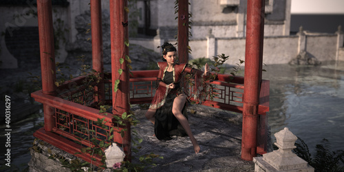 Woman from China Posing Dance and Fighting Figures in Chinese Pavilion with Chinese Landscape Background. 3d rendering, 3d illustration, 3d art.