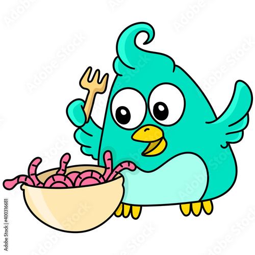 a bird with a happy face ready to eat a delicious worm, doodle kawaii. doodle icon image photo