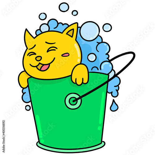 cartoon children bathing in a bucket with soapy lather doodle kawaii. doodle icon image