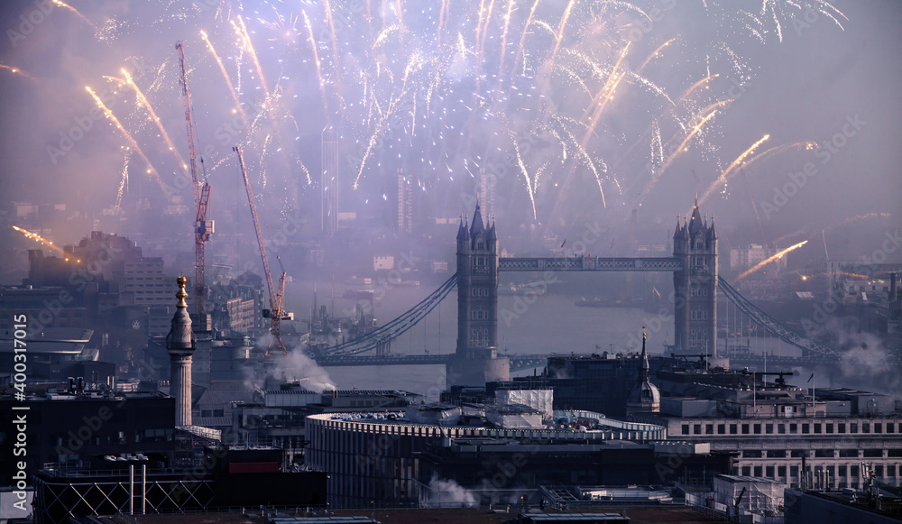 Rooftop view of London with fireworks