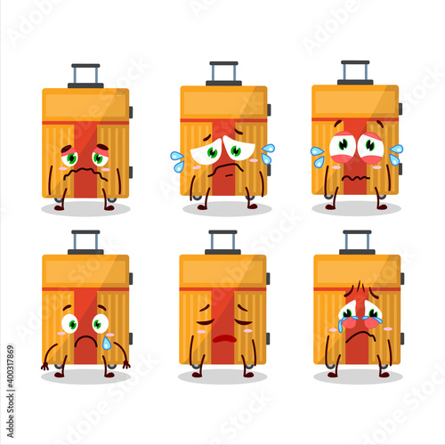 Yellow lugage cartoon character with sad expression