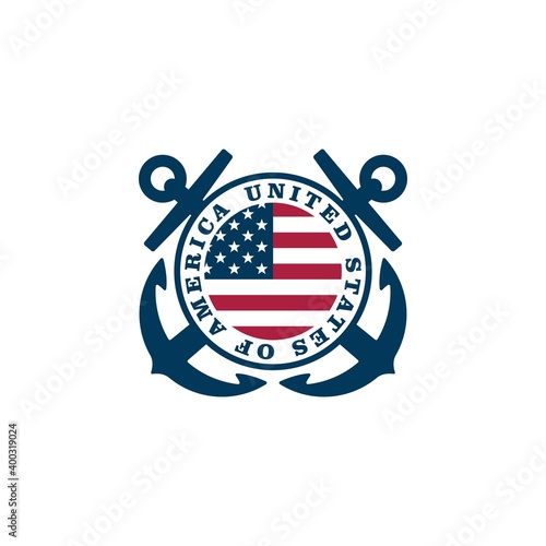 Colored illustration of crossed anchors, flag, text, stars on a white background.Vector illustration for logo, emblem, sticker, badge. Heraldry of the United States of America. Marine emblem.