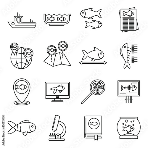 Ichthyology fish icons set. Outline set of ichthyology fish vector icons for web design isolated on white background