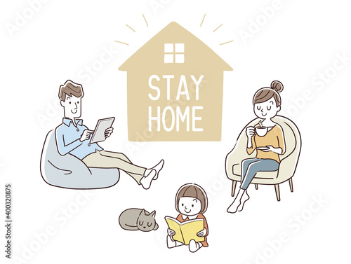 ベクターイラスト素材：おうち時間、ステイホーム、家で過ごす家族
