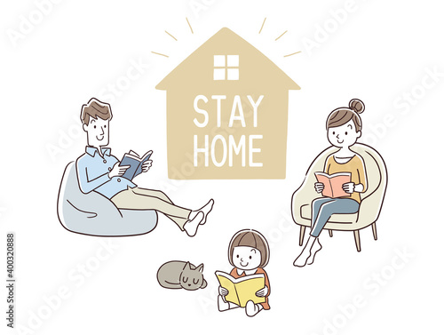 ベクターイラスト素材：おうち時間、ステイホーム、家で読書をする家族
