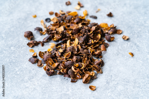 Dried Cascara Coffee Cherry Pulp and Outer Skin in Bowl. photo