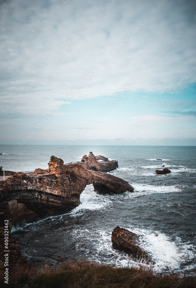 Rough rocky Seascape of the rough Basque coast sea on a cold winter day for tourism in Biarritz France