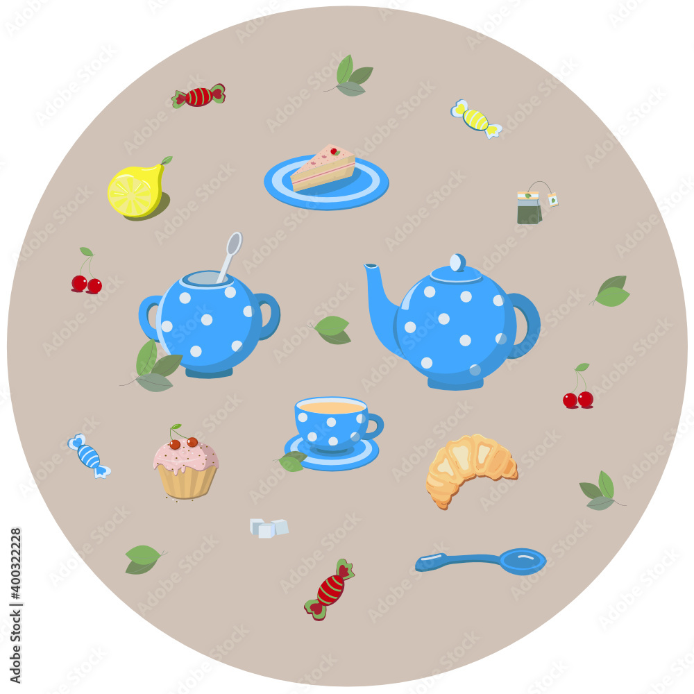 Vector illustration, set. Tea ceremony. Bright blue dishes, sweets, cake. Design for cafe, restaurant, kitchen,for textiles, menu design, culinary recipes, postcards, dishes.
Vector illustration, set. Tea ceremony. Bright blue dishes, sweets, cake. Design for cafe, restaurant, kitchen,for textiles, menu design, culinary recipes, postcards, dishes.