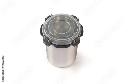 shiny stainless steel stroage container for preserve foods and cereal with plastic lid photo