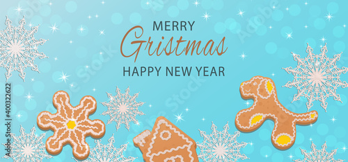Merry Christmas greeting card. Christmas festive background with text. Blue Christmas background for cards, banners.