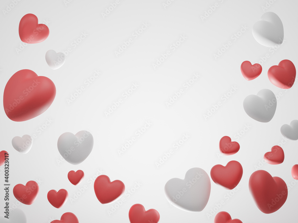 Valentine's Day concept, red and white hearts balloons on white background. 3D rendering.