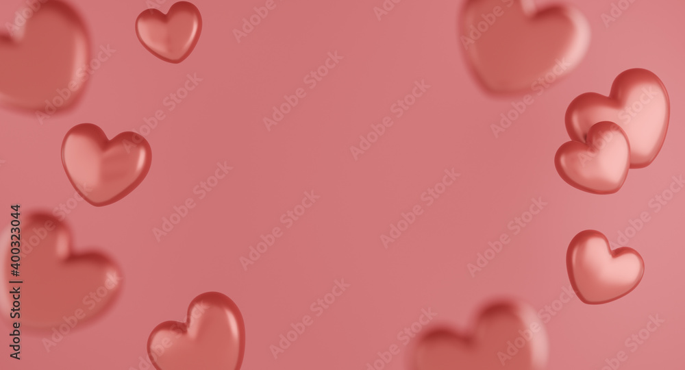 Valentine's Day concept, pink hearts balloons on pink background. 3D rendering.