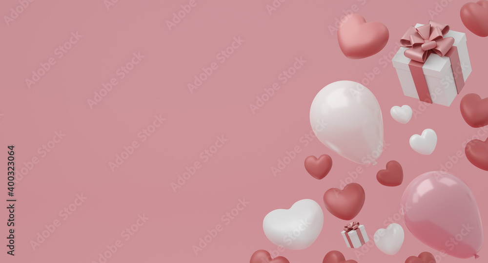 Valentine's Day concept, pink and red hearts balloons and white gift box with ribbon on pink background. 3D rendering.