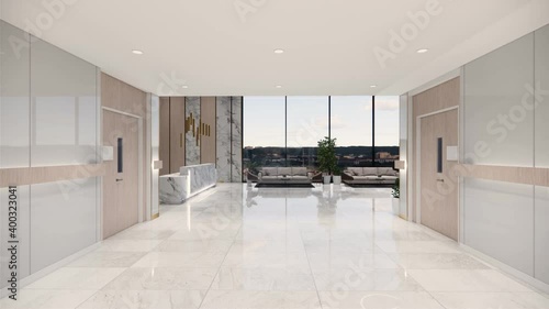 Lobby and waiting area in nursing  a clinic or hospital . 3d room and comfortable sofa rendering.Luxury patient bed  illustration.Modern hospital,health care concept.