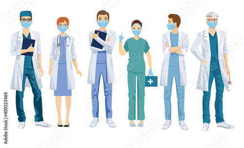 Group of doctors in medical masks. Frontline heroes, Illustration of doctors and nurses characters wearing masks. Support Medical Staffs, Doctor. Coronavirus outbreak spreading concept