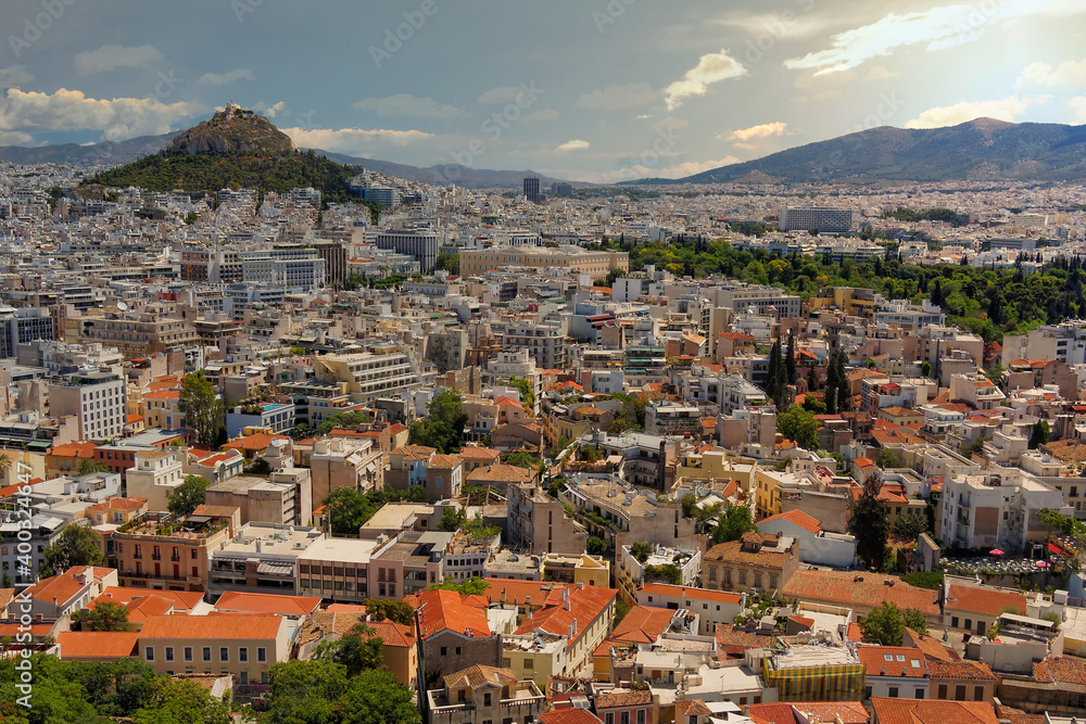 Greece, panoramic north view of Athens city from Acropolis under impressive sky