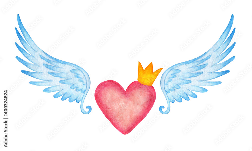 Obraz premium Watercolor illustration of a pink heart in a crown with angel wings. Postcard for valentine's day, wedding or other holiday. Isolated on white background. Drawn by hand.