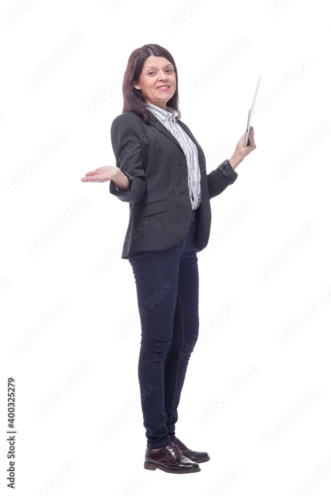 Full length portrait of attentive modern business woman with clipboard and pen Full length portrait of attentive modern business woman with clipboard and pen