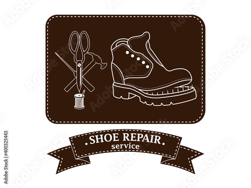 Shoe repair service. Vector image of logo. Trendy concept in old retro style